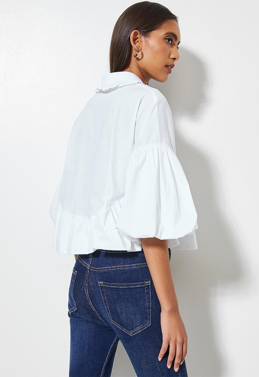 VELVET - Crop statement sleeve peter pan collar shirt - white