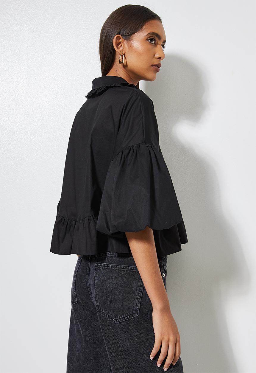 VELVET - Crop statement sleeve peter pan collar shirt - black