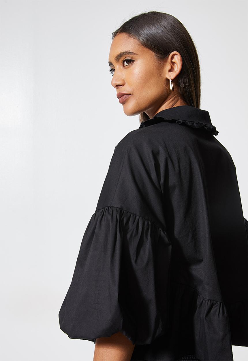 VELVET - Crop statement sleeve peter pan collar shirt - black