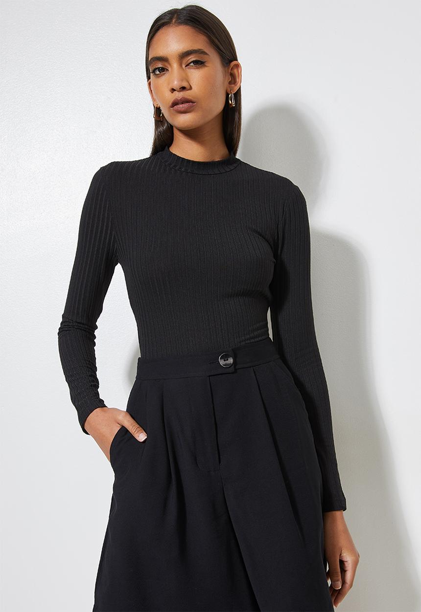 VELVET - Funnel neck - open back rib knit bodysuit - black