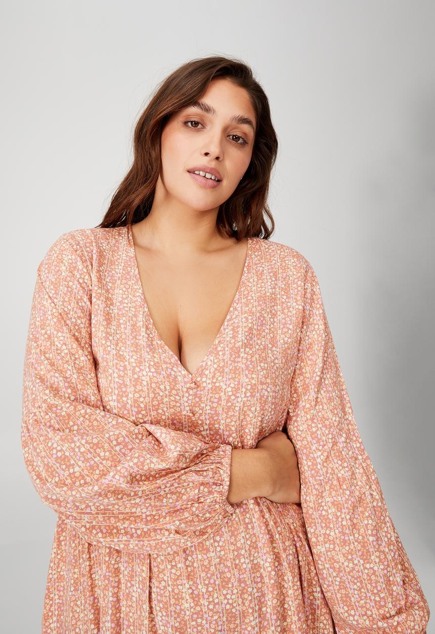 Cotton On - Curve woven linda long sleeve maxi dress - cleo ditsy stripe sugar rose