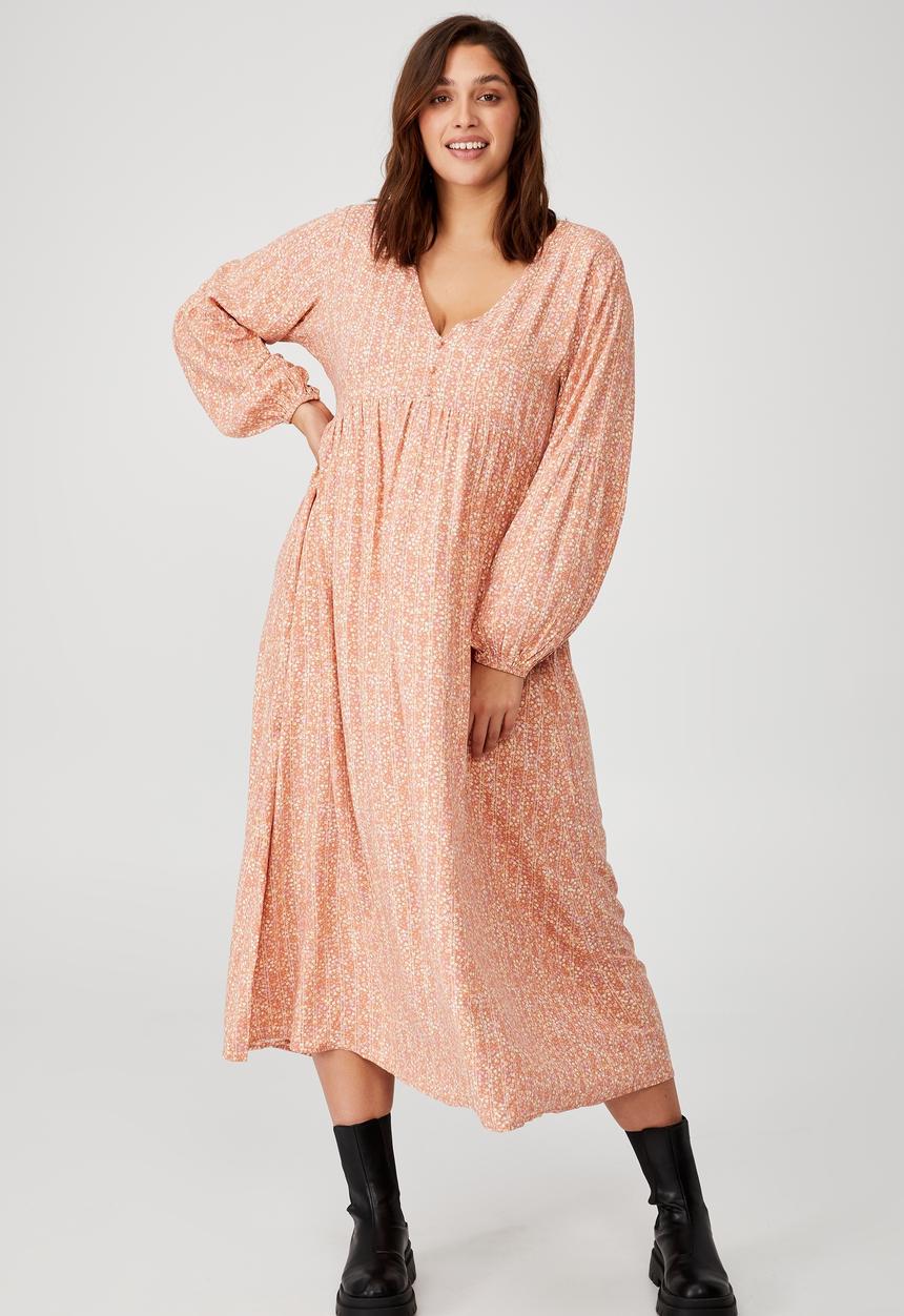 Cotton On - Curve woven linda long sleeve maxi dress - cleo ditsy stripe sugar rose