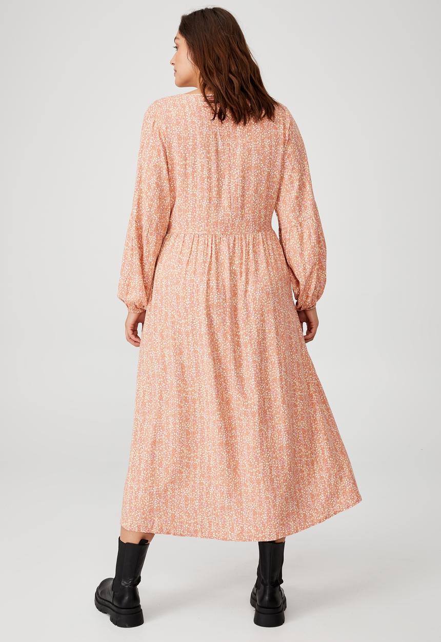 Cotton On - Curve woven linda long sleeve maxi dress - cleo ditsy stripe sugar rose