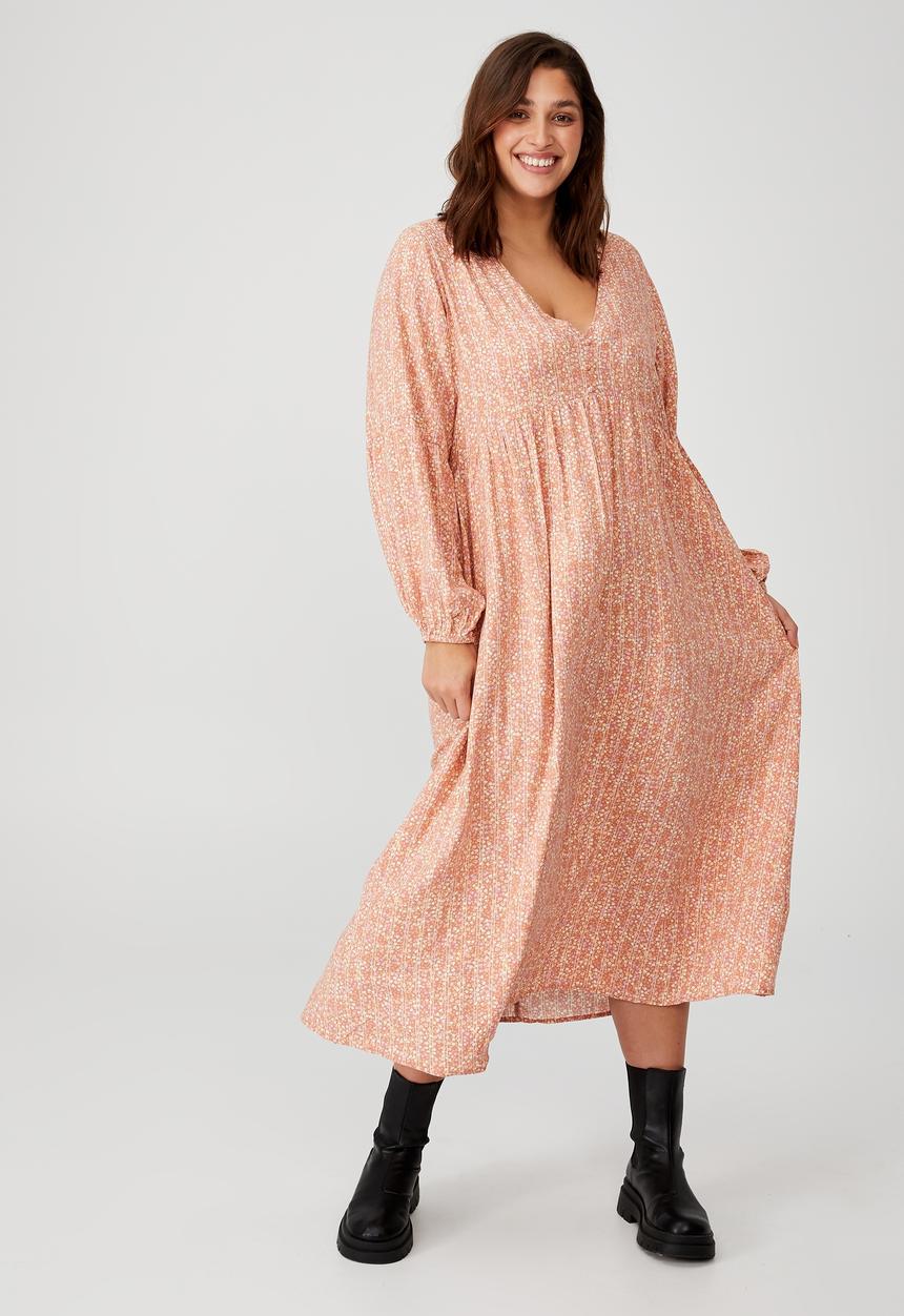 Cotton On - Curve woven linda long sleeve maxi dress - cleo ditsy stripe sugar rose