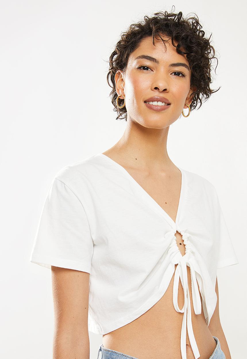 Trendyol - Tie crop knitted blouse - ecru