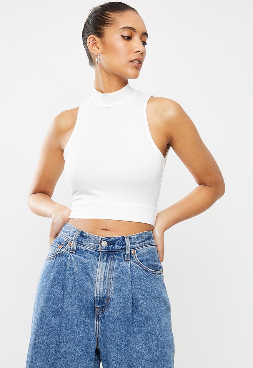 Blake - Turtle neck sleeveless tie back detail crop top - white