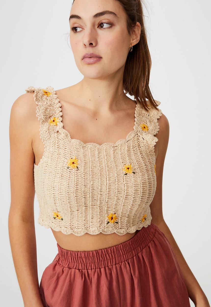 Cotton On - Sunflower crochet tank - stone