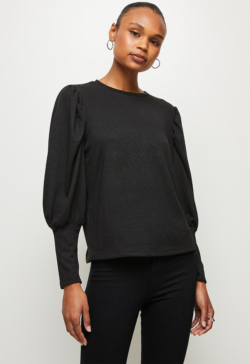 MILLA - Cut & sew bishop sleeve top - black