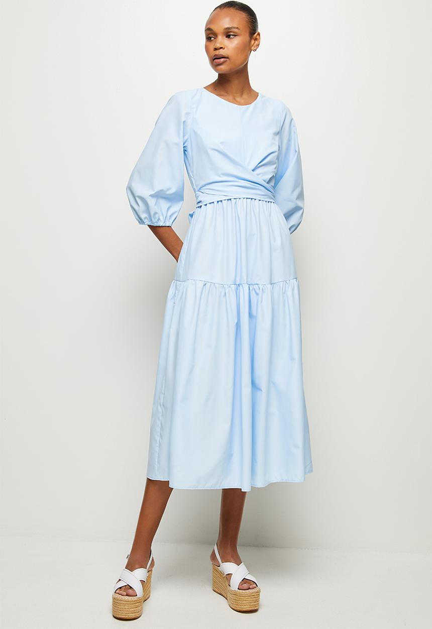 MILLA - Poplin wrap front midi dress - light blue