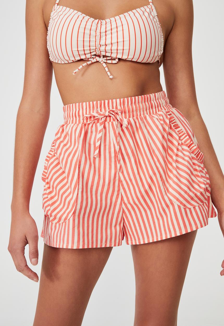 Cotton On - Tie waist beach short - pomegranate/sandcastle stripe