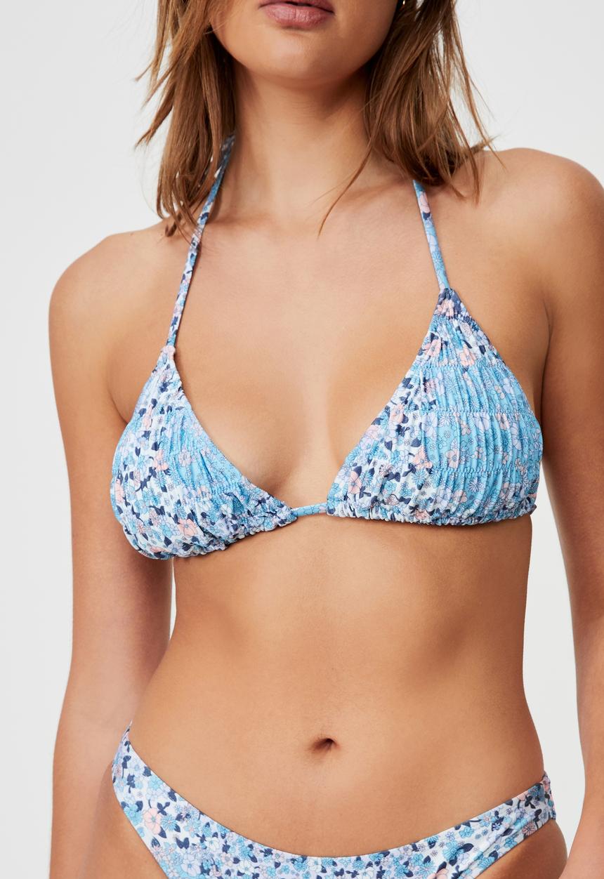 Cotton On - Slider triangle bikini top gathers shimmer - patchwork ditsy blue shimmer