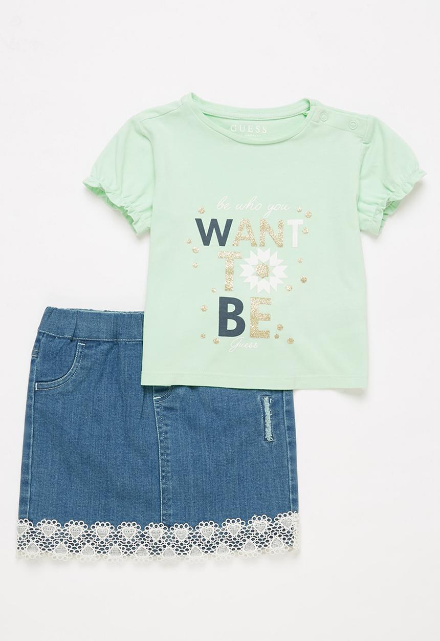 GUESS - T-shirt & denim lace skirt set - blue & mint 
