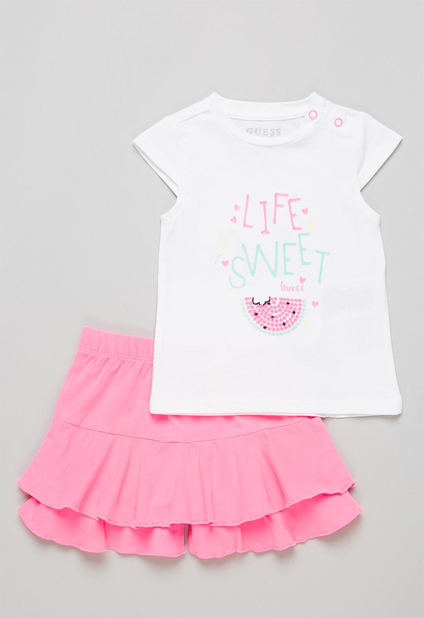 GUESS - T-shirt & ruffle shorts set - white & pink 