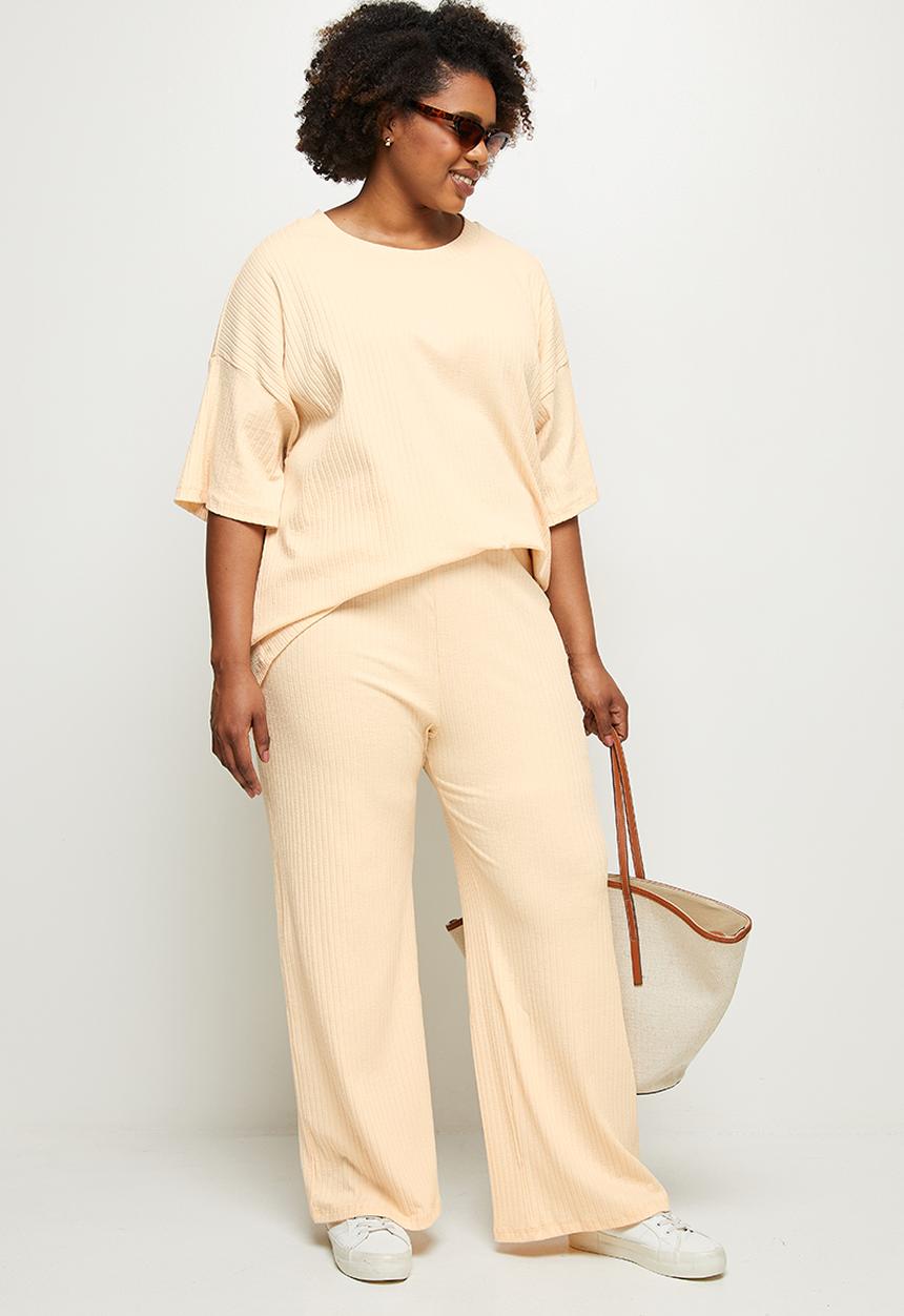 edit Plus - High waist rib wide leg - stone