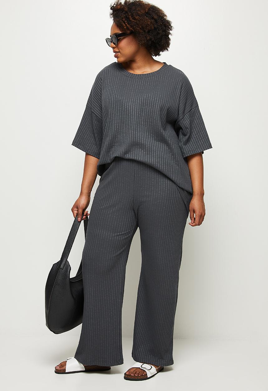edit Plus - High waist rib wide leg - charcoal