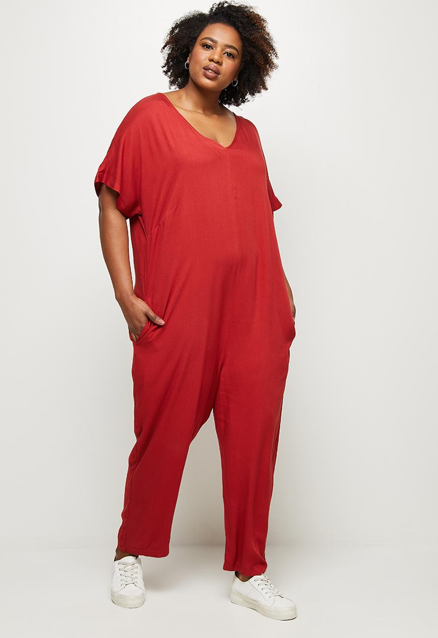 edit Plus - Grown on sleeve v-neck woven jumpsuit - tobacco