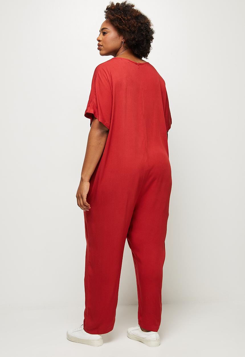edit Plus - Grown on sleeve v-neck woven jumpsuit - tobacco