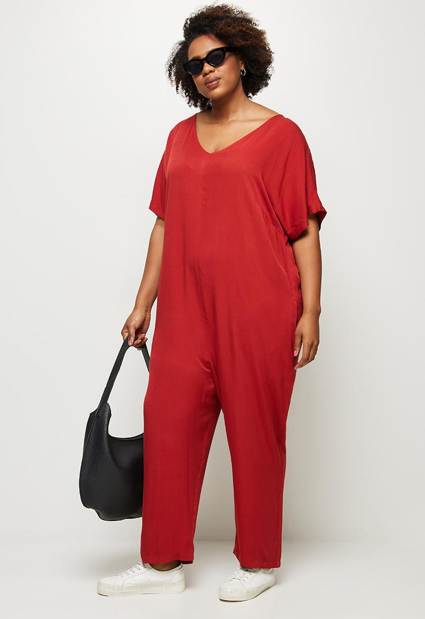 edit Plus - Grown on sleeve v-neck woven jumpsuit - tobacco
