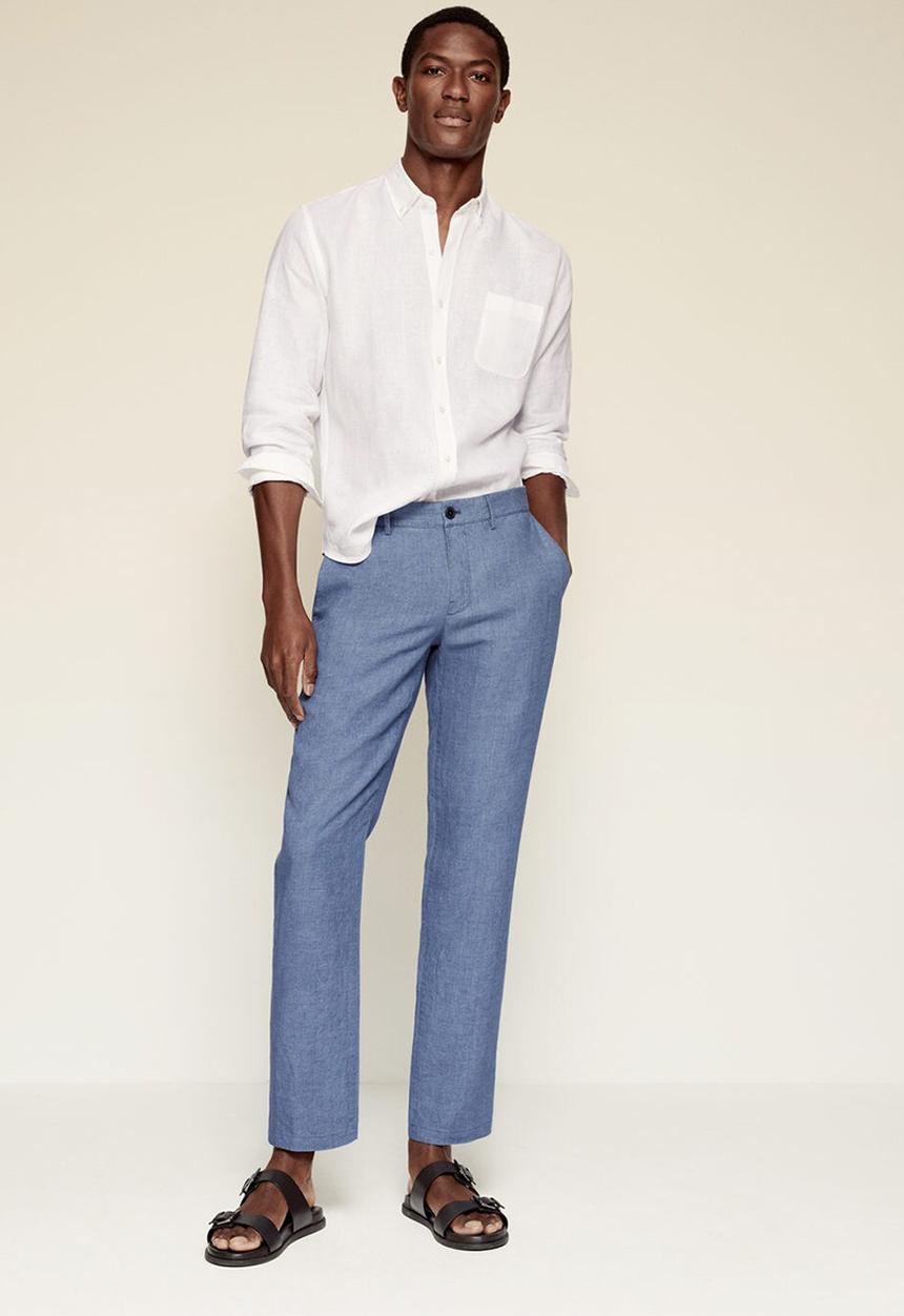 MANGO -  Slim-fit linen pant Oyster - light blue