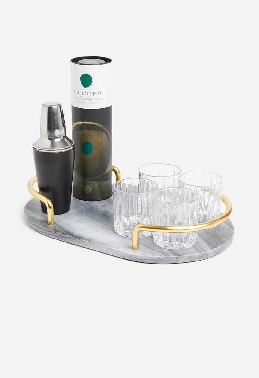 Sixth Floor - Grey marble oval shape drinks tray with gold handles
