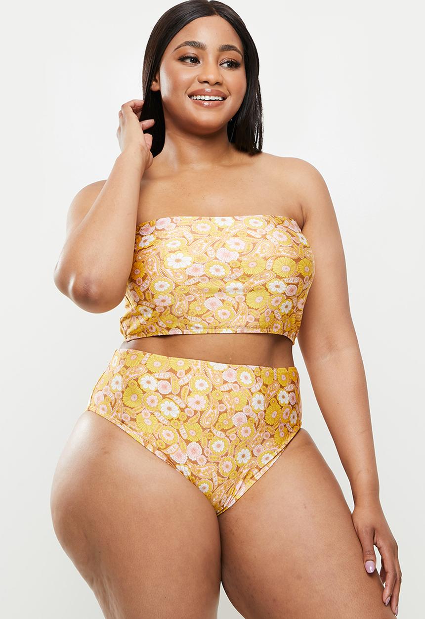 Cotton On - Curve high waisted full bikini bottom - retro paisley yellow shimmer
