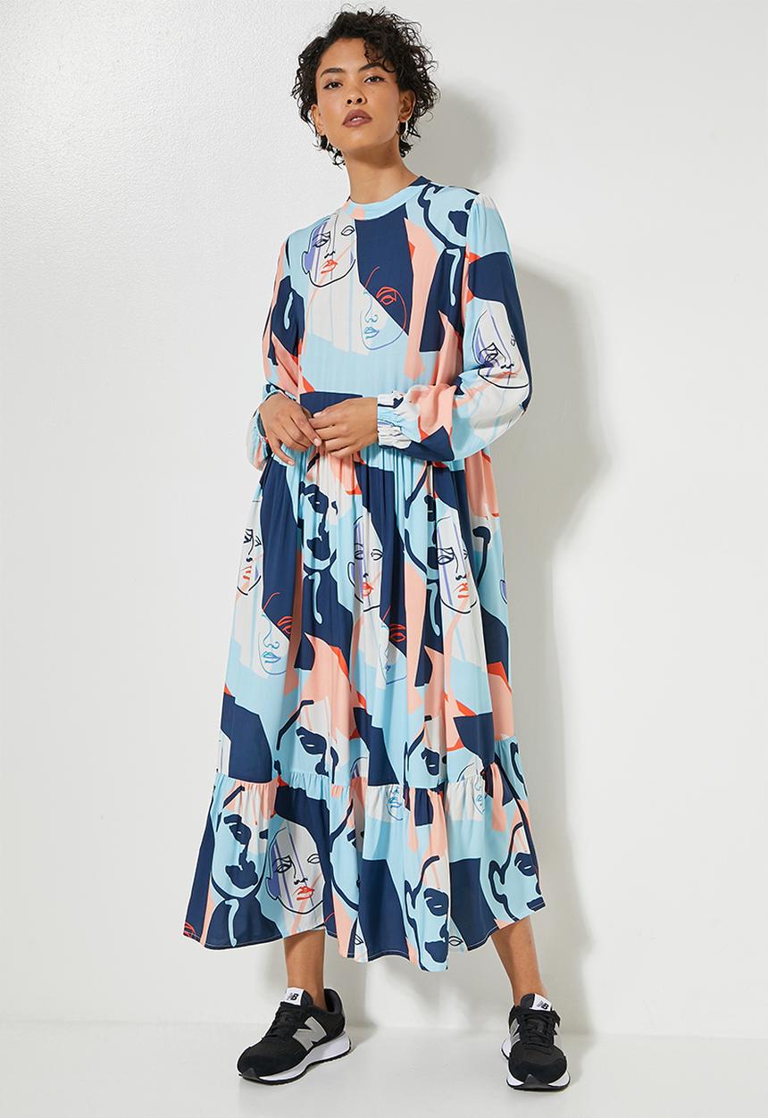 Superbalist - Funnel neck tiered dress - large abstract colour faces