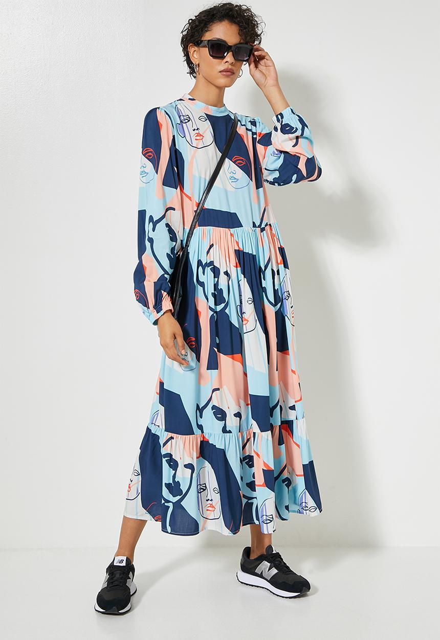 Superbalist - Funnel neck tiered dress - large abstract colour faces