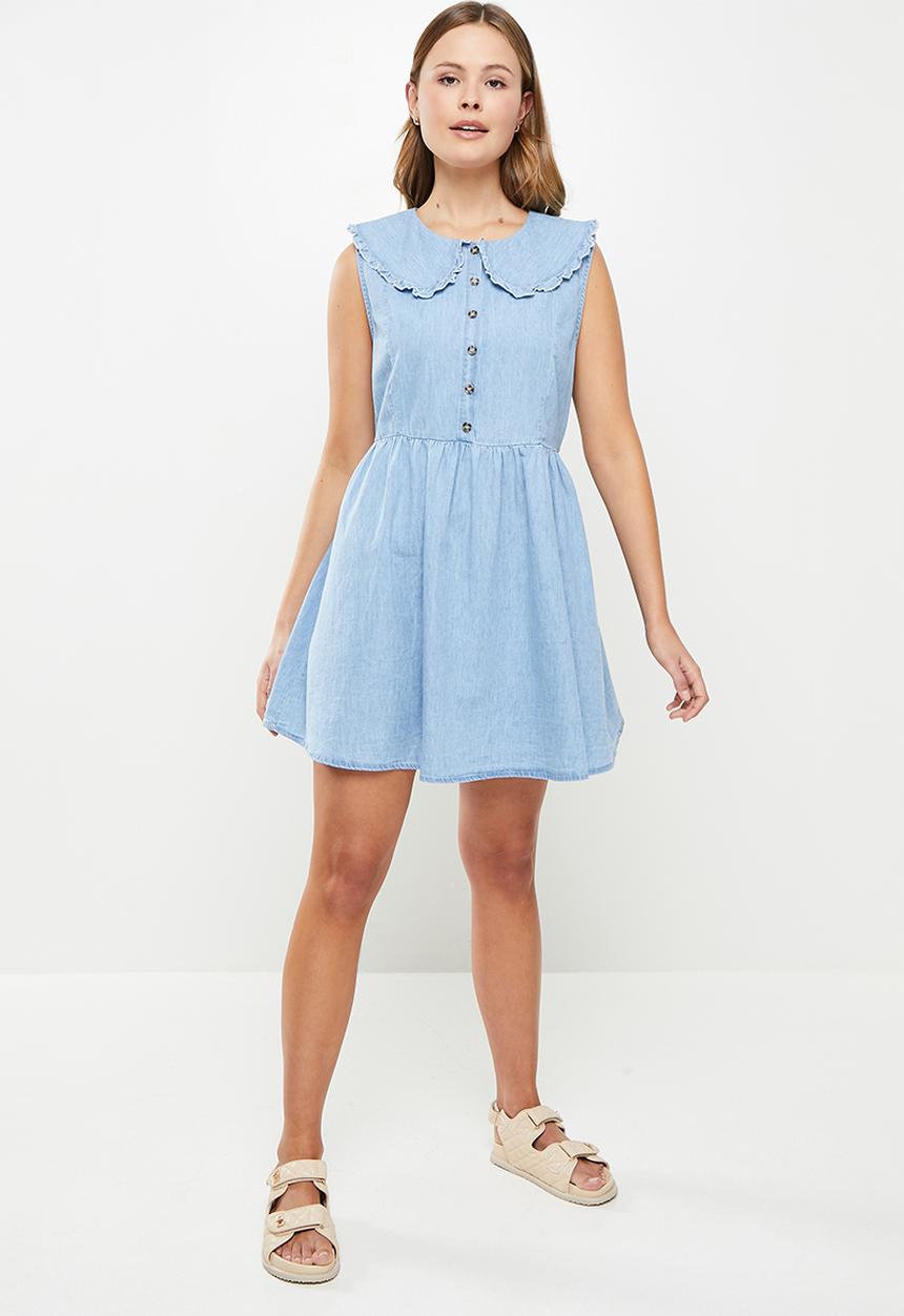 Cotton On - Woven verity sleeveless collar mini dress - light chambray blue