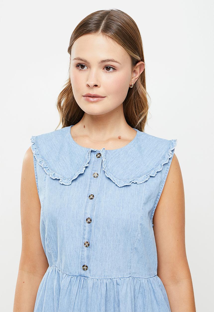 Cotton On - Woven verity sleeveless collar mini dress - light chambray blue
