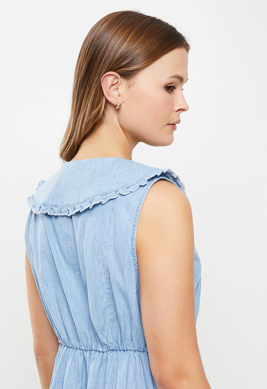 Cotton On - Woven verity sleeveless collar mini dress - light chambray blue