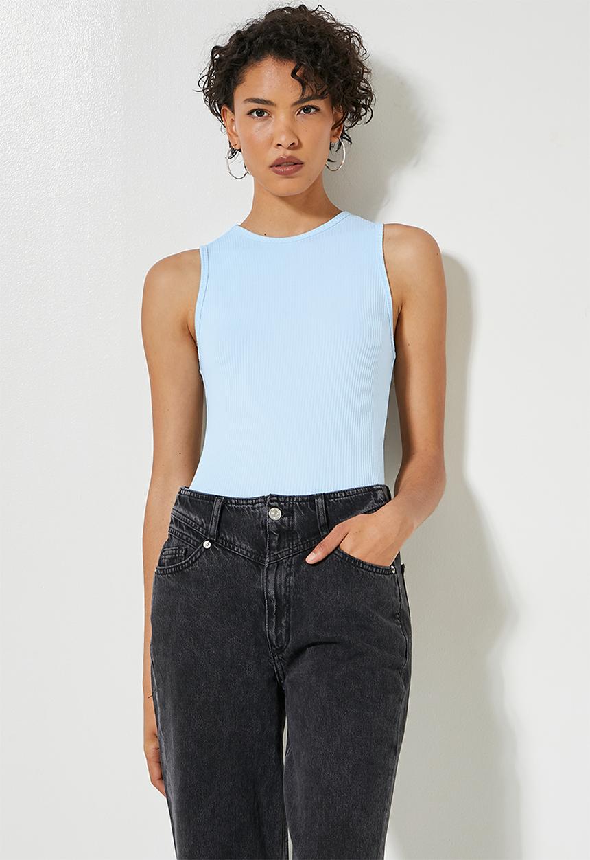 Superbalist - Fine rib hi crew cutaway bodysuit - baby blue