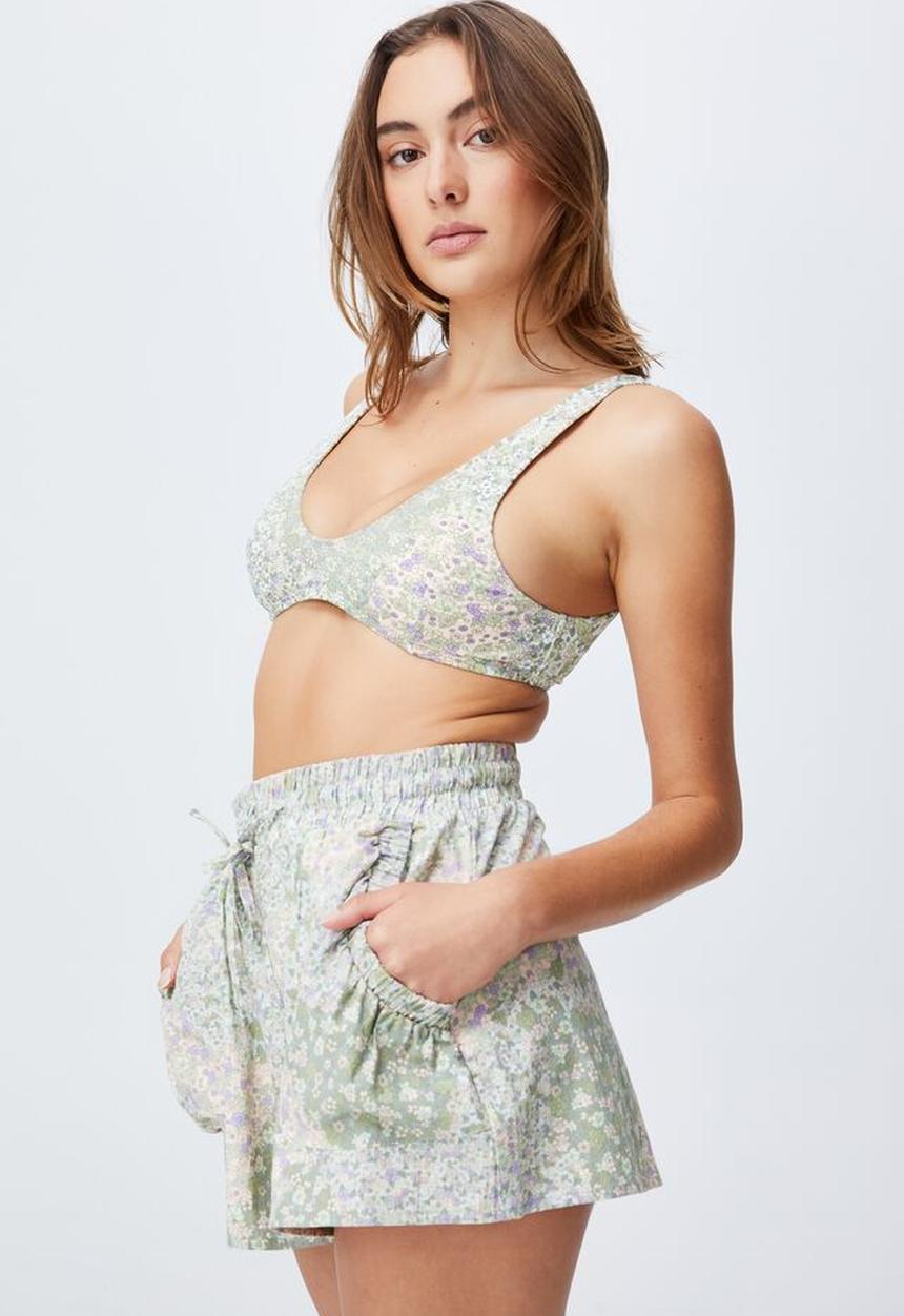 Cotton On - Tie waist beach short - patchwork ditsy green