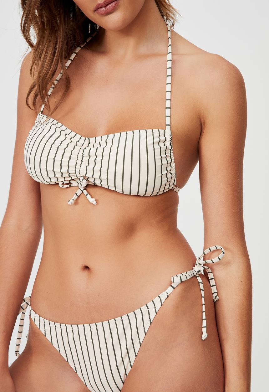 Cotton On - Gathered backless halter bikini top - warm khaki/sandcastle stripe