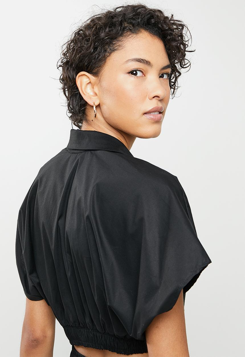 Me&B - Elasticated cotton crop wrap top - black