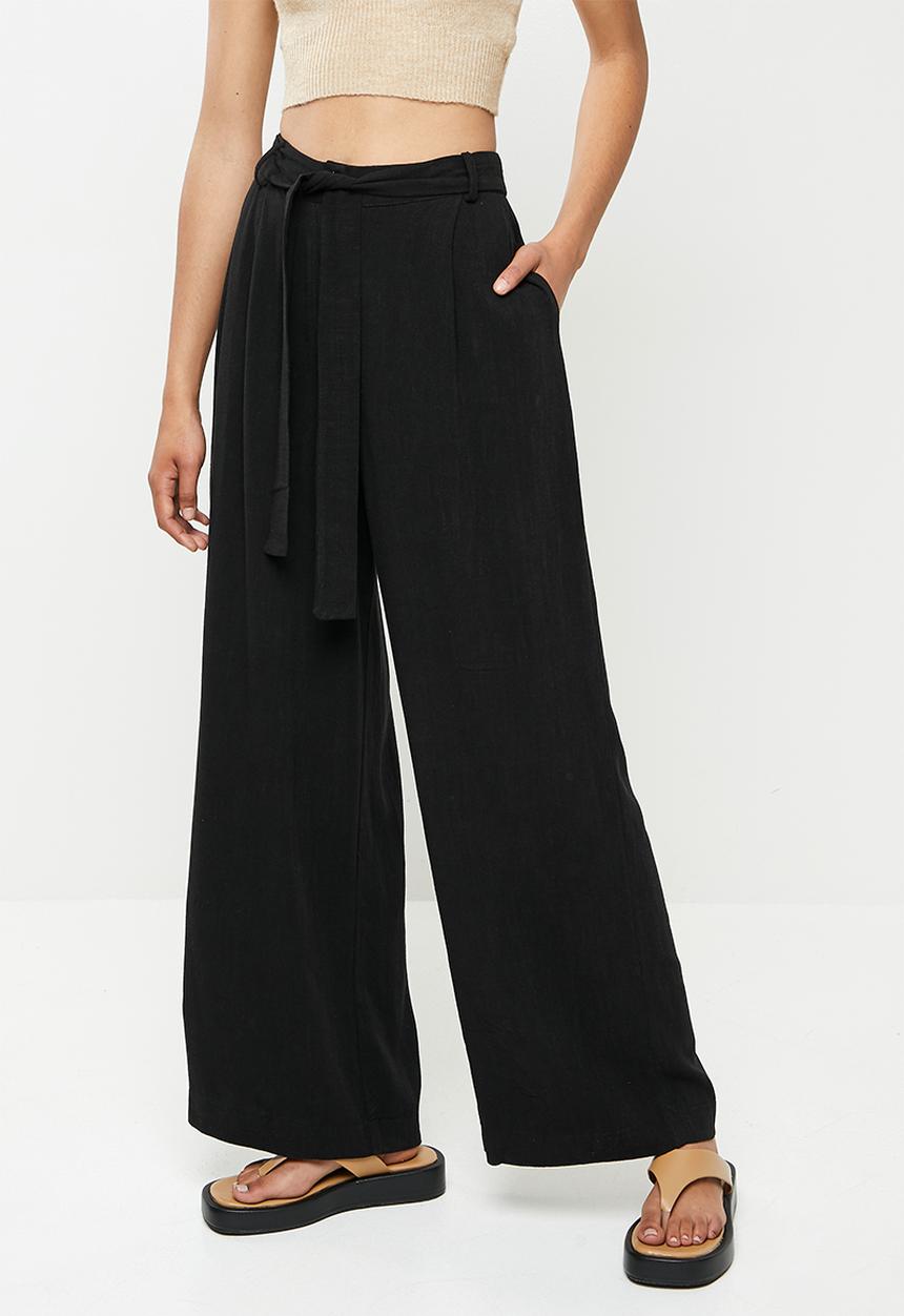 Me&B - Linen wide leg pant with sash - black