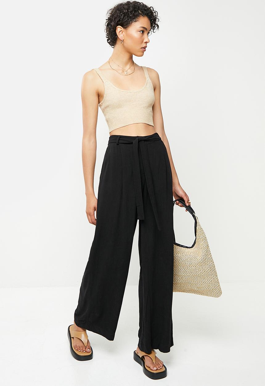 Me&B - Linen wide leg pant with sash - black