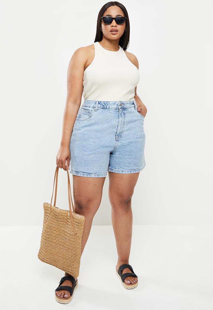 Cotton On - Curve dad high rise denim short - lennox blue