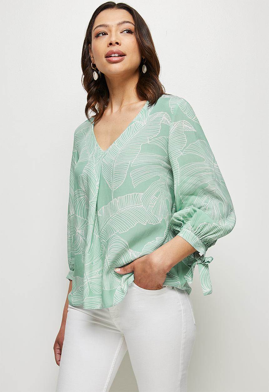 edit - V-neck tie sleeve blouse - sage foliage