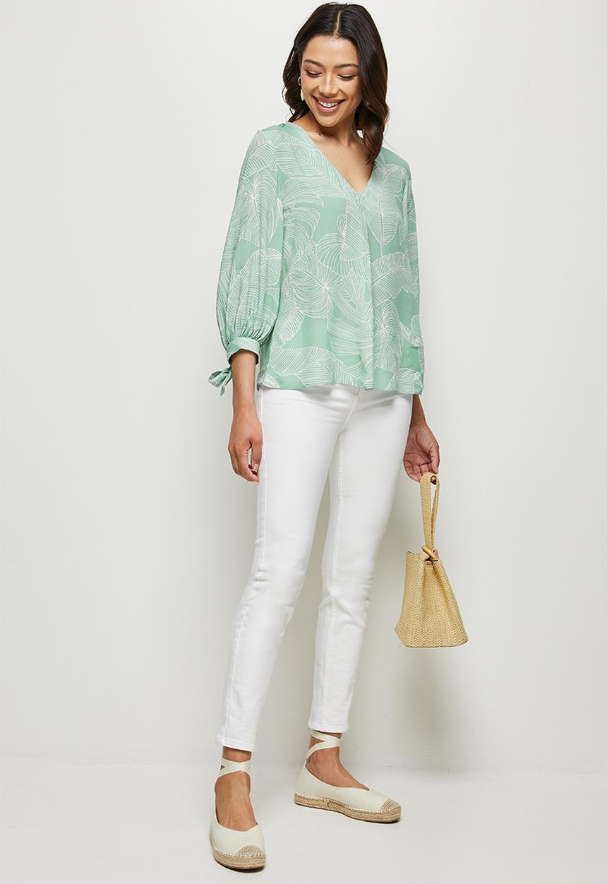 edit - V-neck tie sleeve blouse - sage foliage