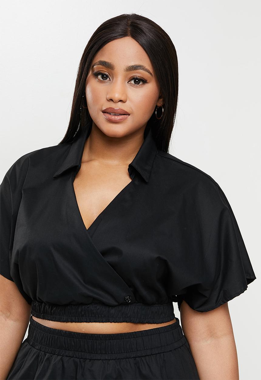 Me&B - Plus elasticated cotton crop wrap top - black