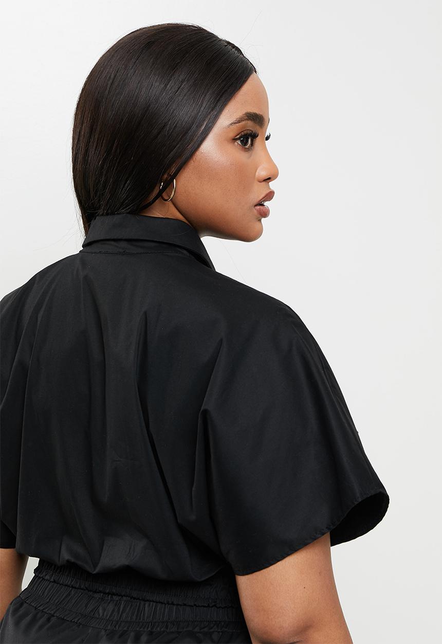 Me&B - Plus elasticated cotton crop wrap top - black