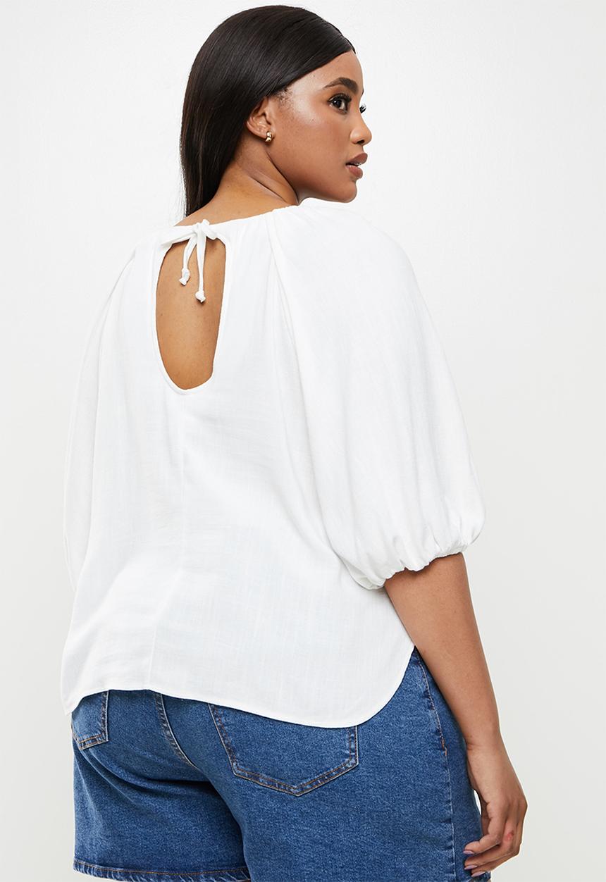 Me&B - Plus linen gauged blouse - white