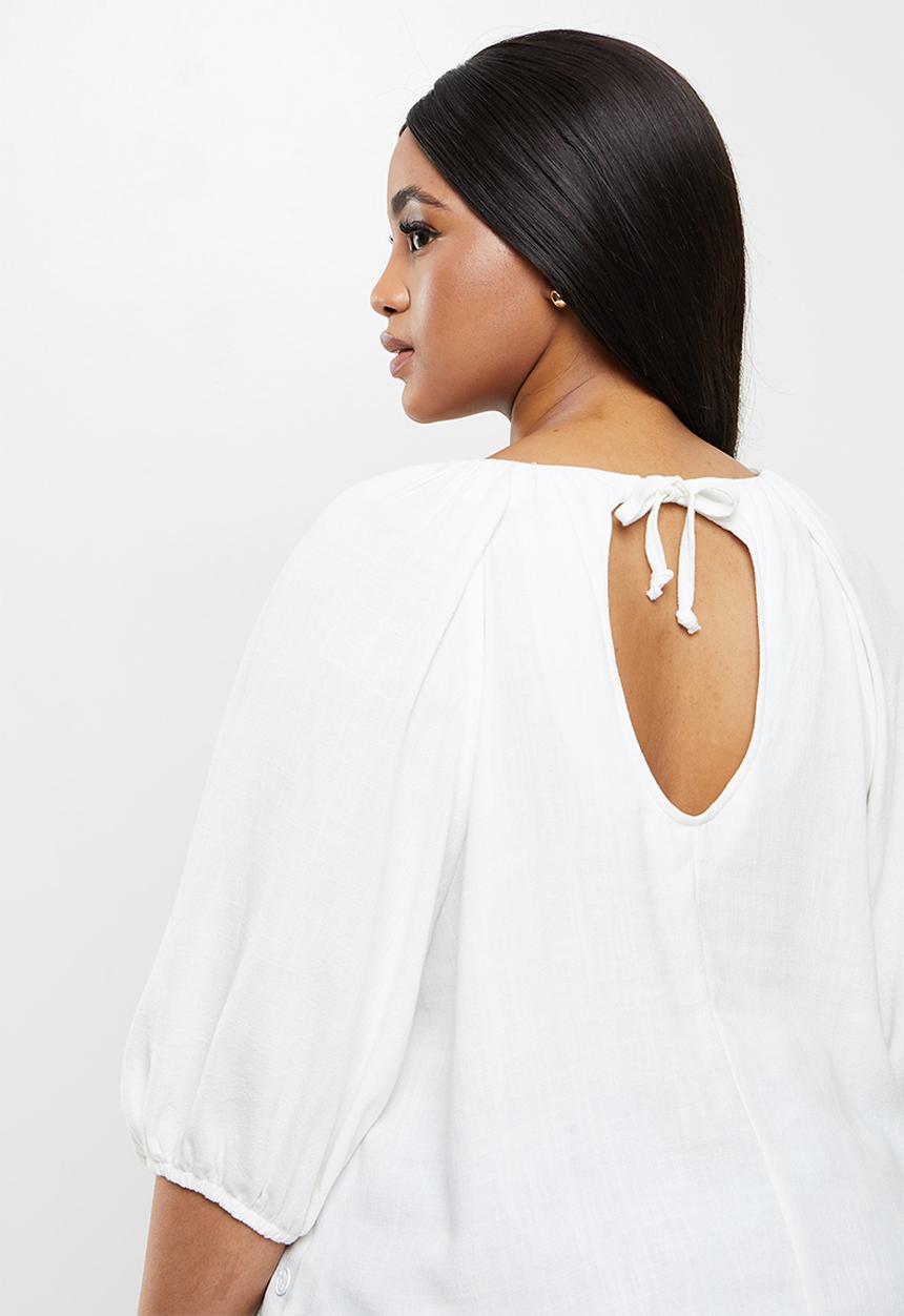Me&B - Plus linen gauged blouse - white
