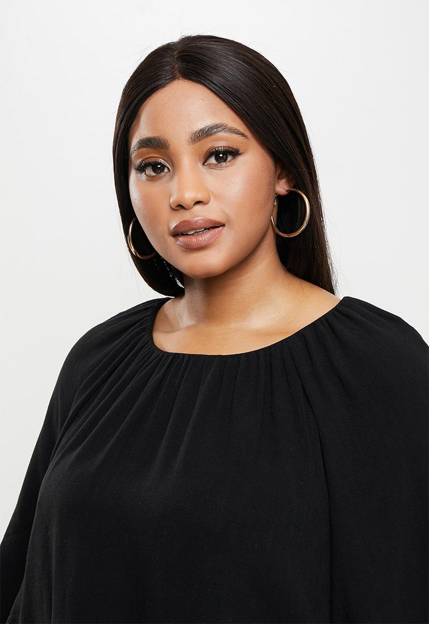 Me&B - Plus linen gauged blouse - black