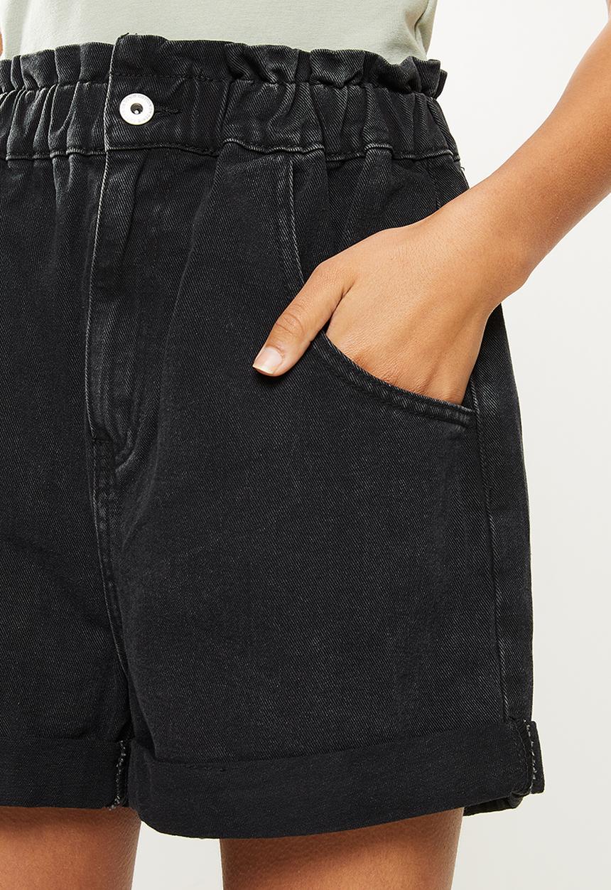 Cotton On - Denim paperbag short - washed midnight black