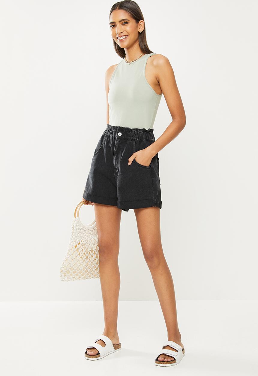 Cotton On - Denim paperbag short - washed midnight black