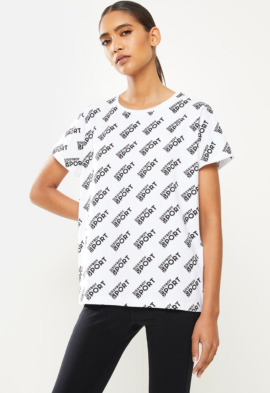 SISSY BOY - Over-sized, boxy loose top with all-over branded print - white & black