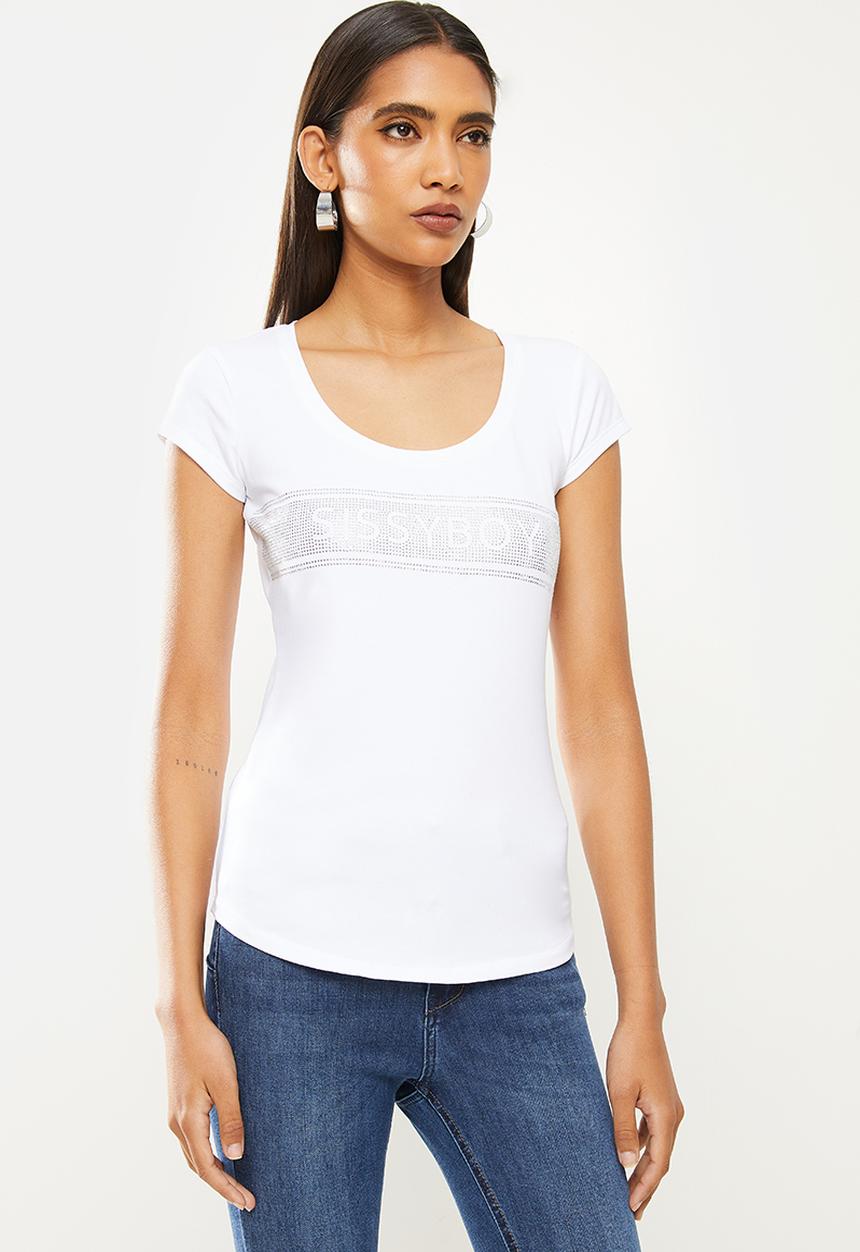 SISSY BOY - No time like now: basic round neck top with cap sleeves and bling logo - white