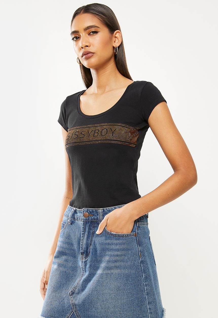 SISSY BOY - No time like now: basic round neck top with cap sleeves and bling logo - black