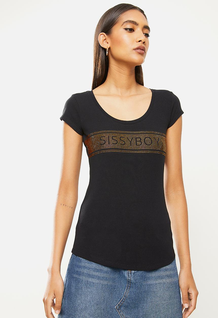 SISSY BOY - No time like now: basic round neck top with cap sleeves and bling logo - black